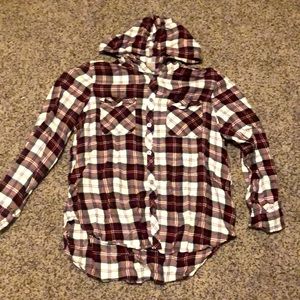 Hooded white and maroon flannel